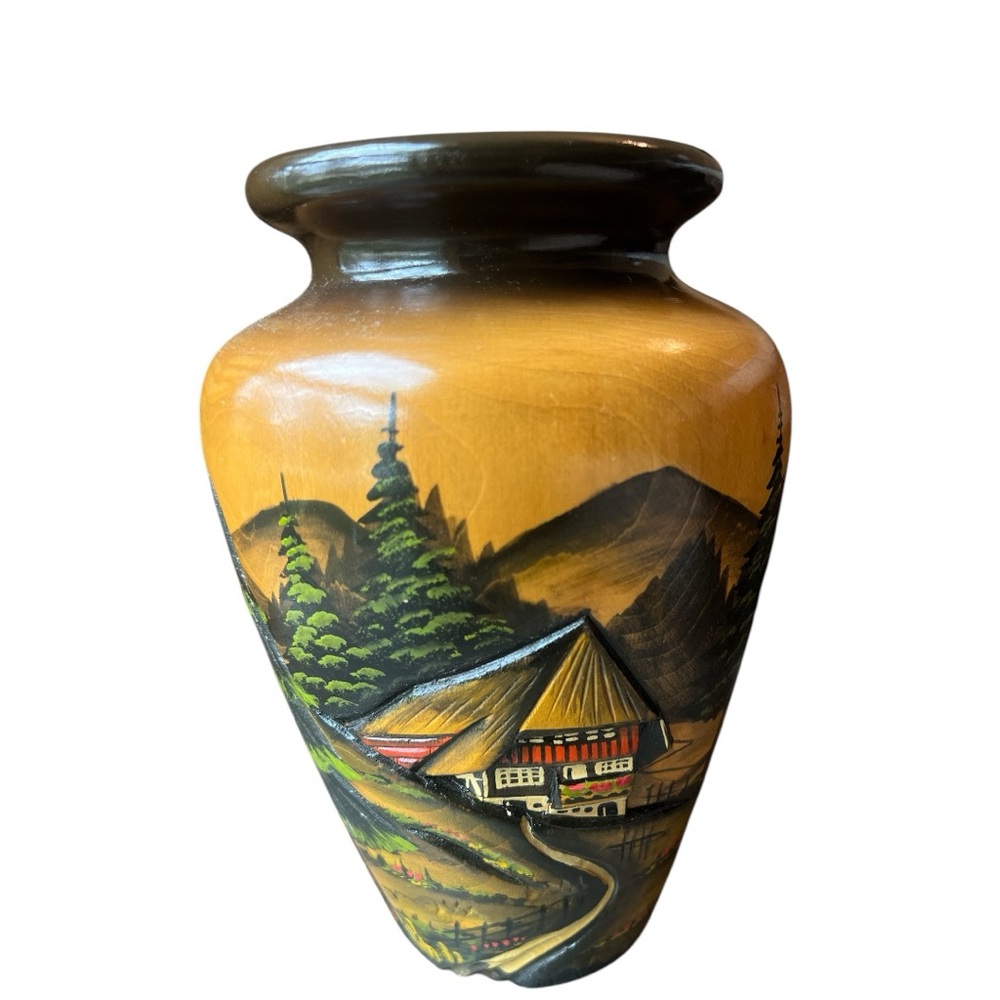 Vintage Black Forest Germany Lathe Turned Vase Chalet Chateau Hand Carved Paint